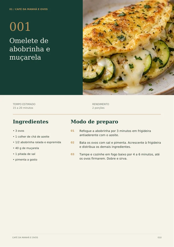 Prévia de uma página real de receita do ebook, com ingredientes e modo de preparo