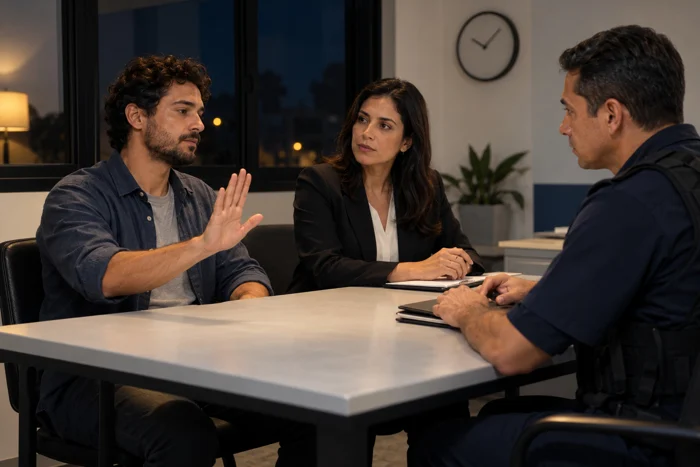 Cena didática fictícia da ficha sobre silêncio, sigilo e advogado